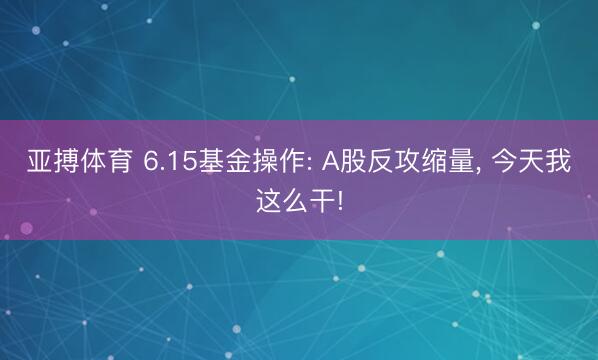 亚搏体育 6.15基金操作: A股反攻缩量， 今天我这么干!